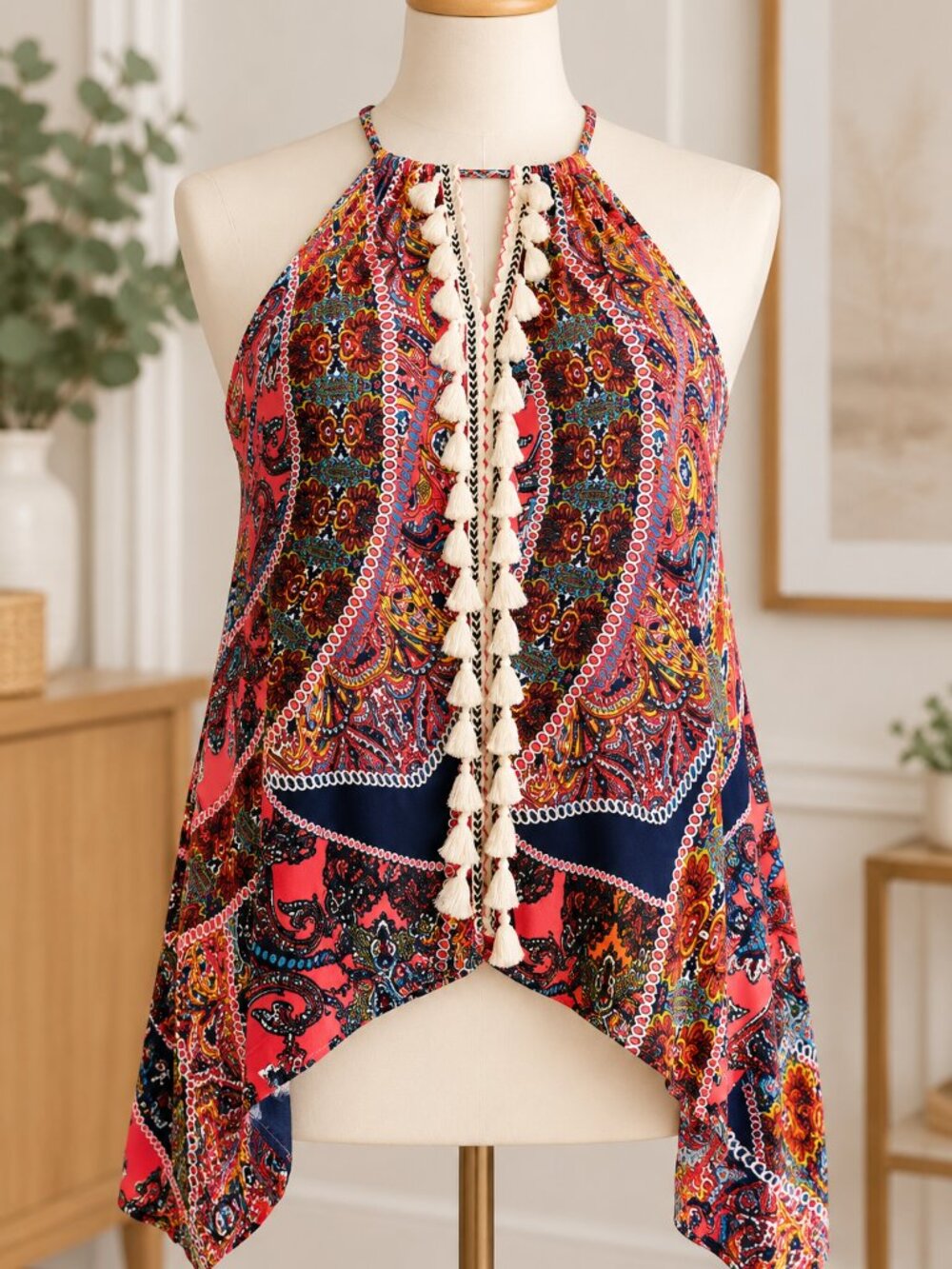 VENUS 1X Paisley Tassel Halter Top Handkerchief Hem Open Back Boho Plus Size